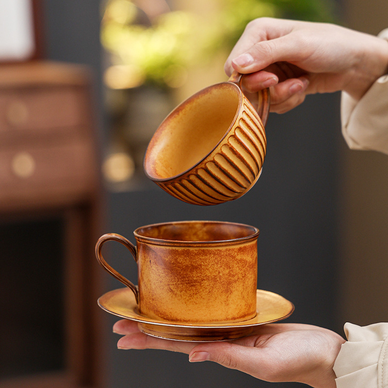 Hot - Selling Vintage Yellow Kiln - Fired American Ceramic Coffee Cup & Saucer Set, Luxury Mugs