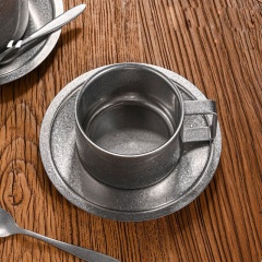 Vintage 304 Stainless Steel 3pcs Coffee Cup Set with Saucer Spoon Double Layer Heat-resistant Mug for Afternoon Tea