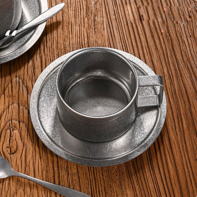 Vintage 304 Stainless Steel 3pcs Coffee Cup Set with Saucer Spoon Double Layer Heat-resistant Mug for Afternoon Tea