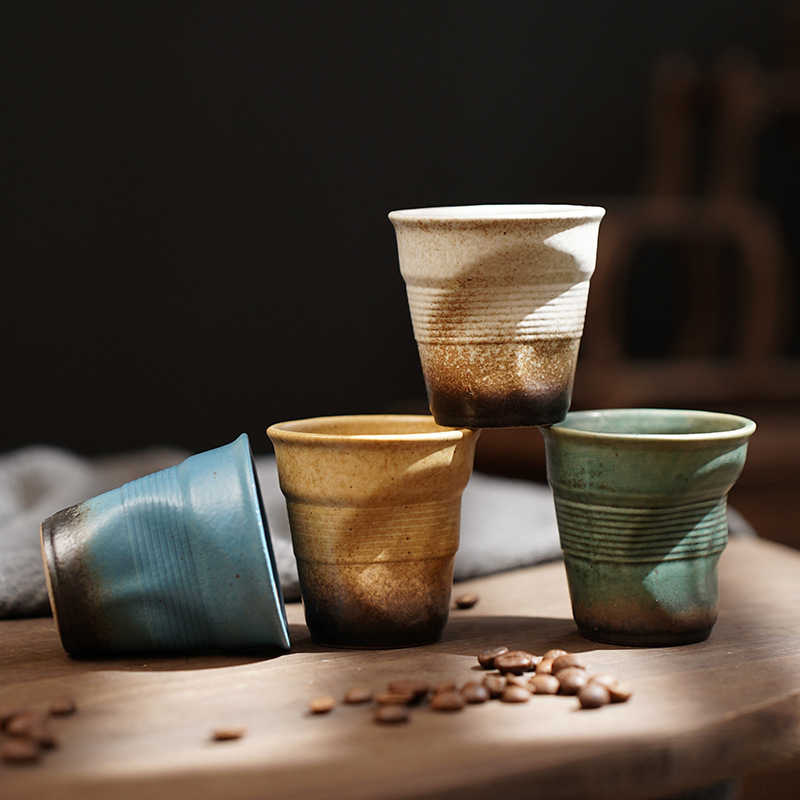 90ml Espresso Porcelain Cups - Creative Retro Terracotta Ceramic Hand-Pinched Ruffled Cups, Vintage Ceramic Latte & Tea Cups