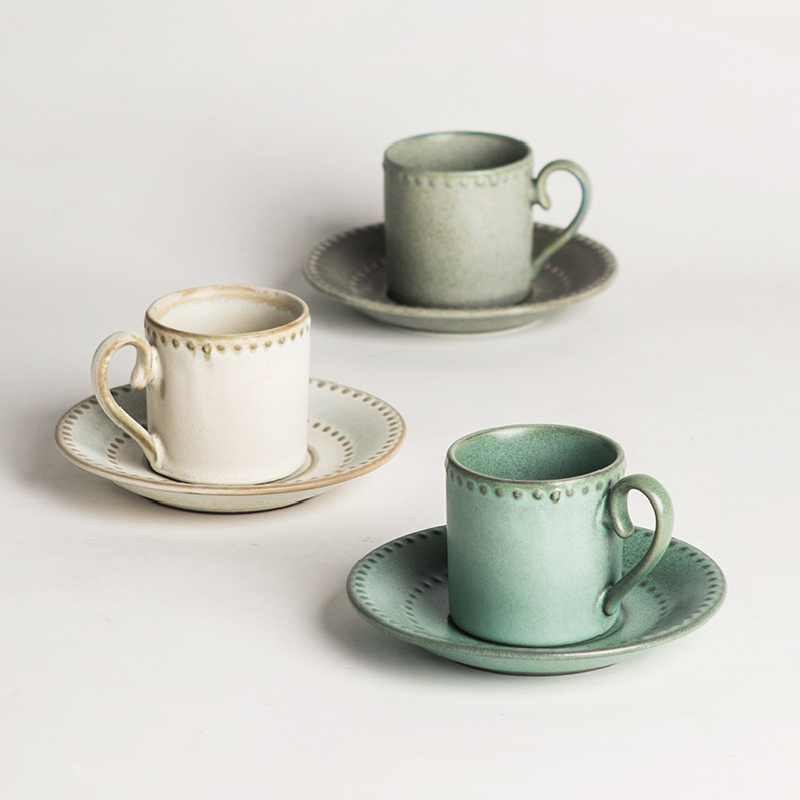 European Minimalist Beaded White Ceramic Teacup Set Elegant and Stylish Espresso Cup with Saucer Series