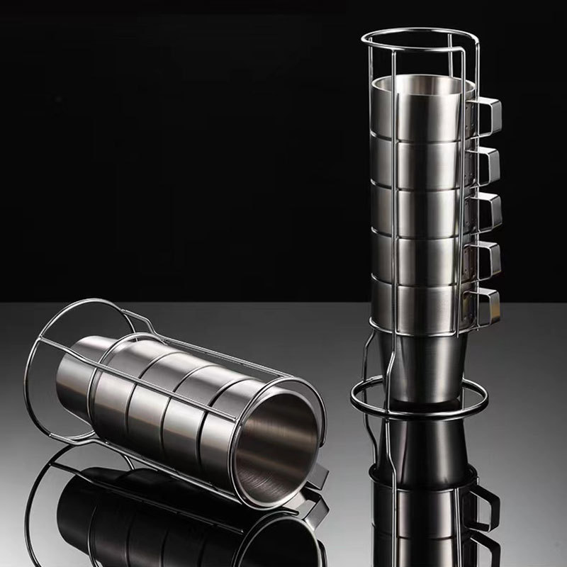 Stackable Stainless Steel Coffee Mug Set with Stand, Reusable Metal Drinking Cups
