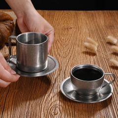 Vintage 304 Stainless Steel 3pcs Coffee Cup Set with Saucer Spoon Double Layer Heat-resistant Mug for Afternoon Tea