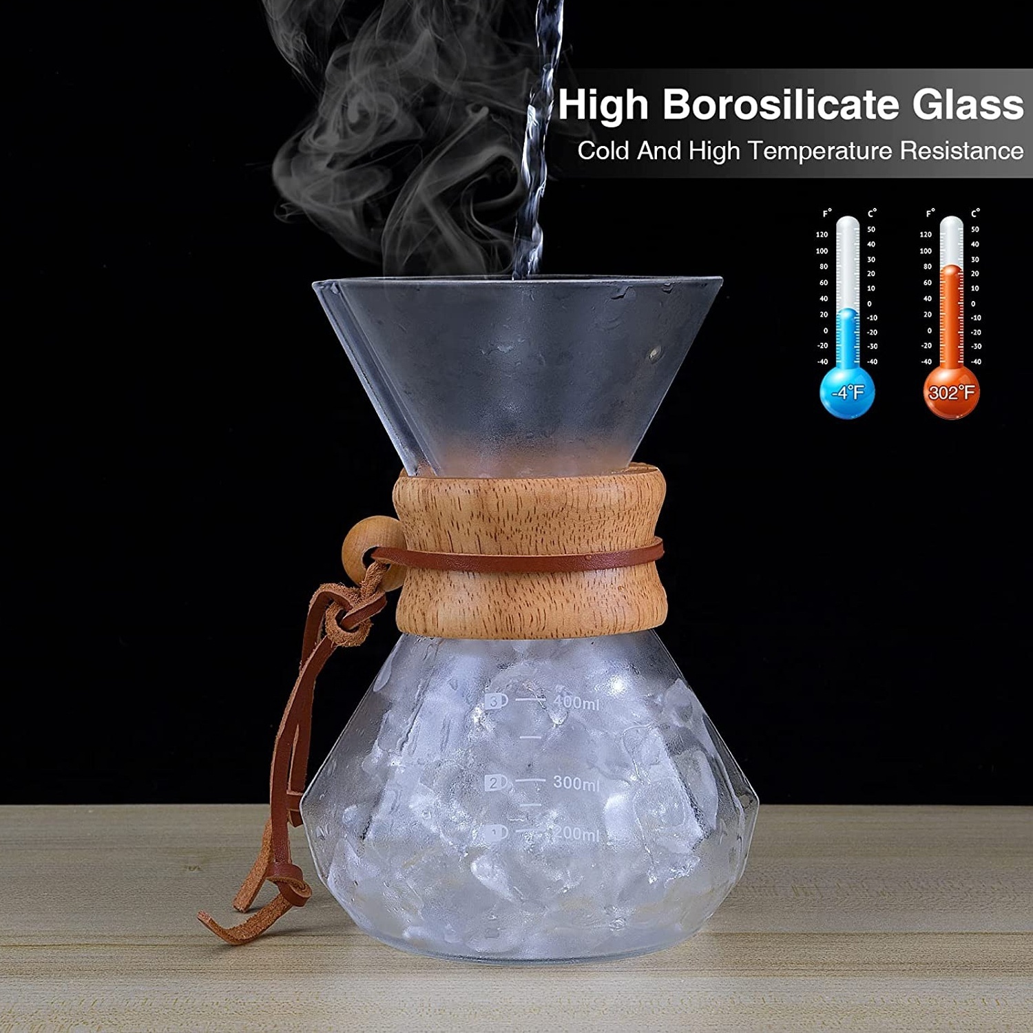 Classic Series 600ml Vork Kettle with Lid Drip Stand 1-3 Wood Neck Glass Pour Over Coffee Maker