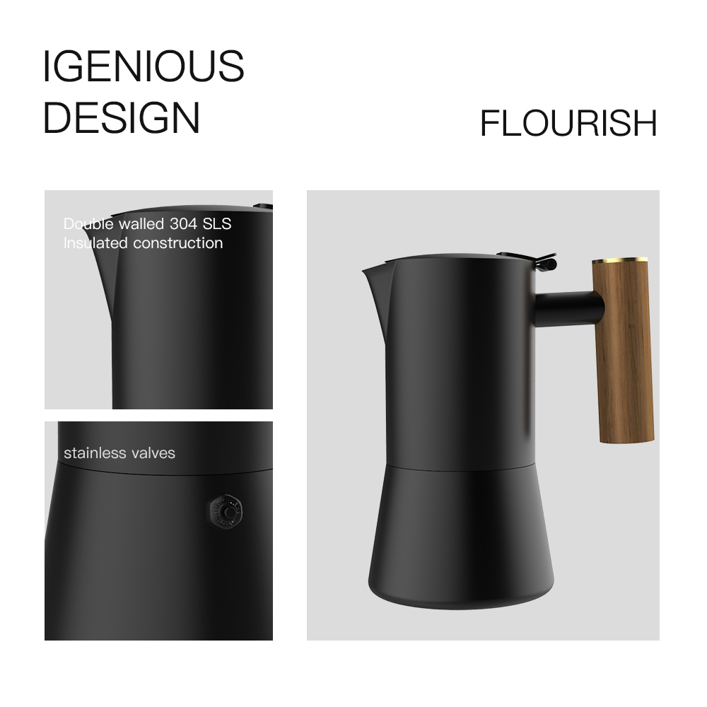 DHPO Stovetop Espresso Maker - Luxurious Italian Coffee Machine Maker Stainless Steel Moka Pot With Wooden Handle