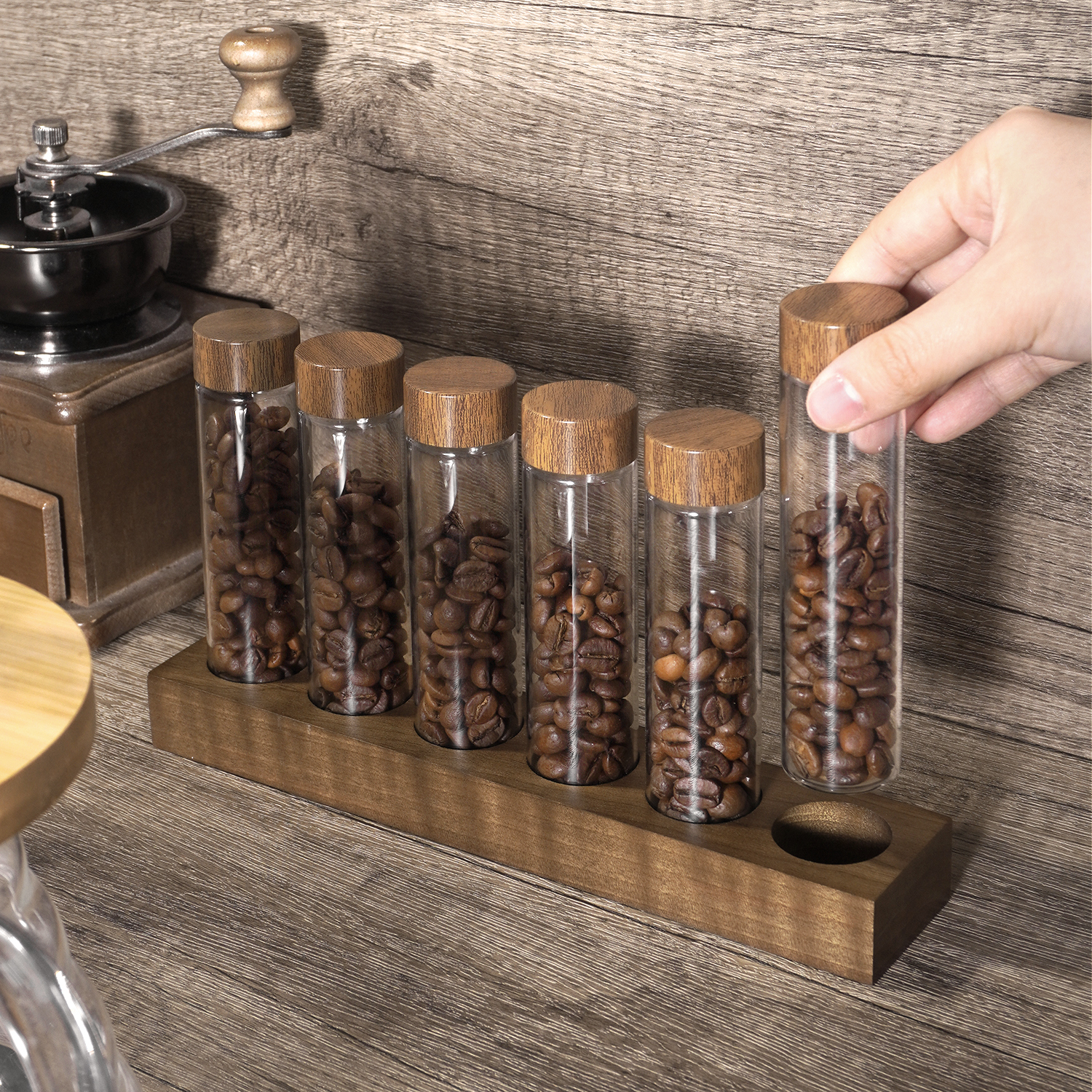 Tube for Coffee Beans 29.7*122.5mm,CIRAY,Round Bottom Borosilicate Glass Tube for Coffee Beans Spice Display with Airtight Wood Lid and Holder