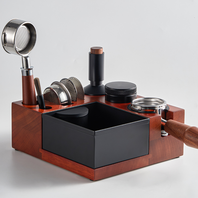Solid Wood Coffee Tamping Station with Knock Box,CIRAY,Solid Wood Eco-Friendly Stocked Minimalist Coffee Tool Organizer Tamping Station with Knock Box