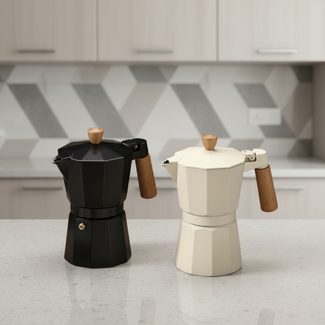Portable Grey Aluminum Moka Pot Coffee Maker with Lid Large Capacity 300ml Bohemian Design