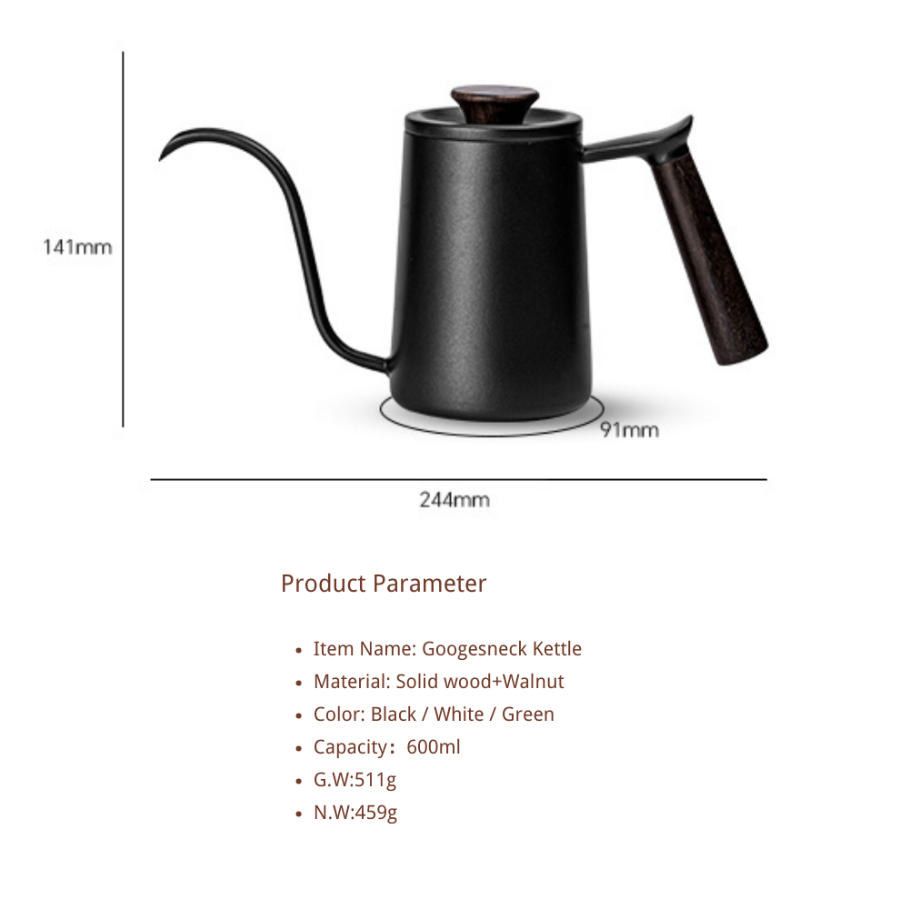 Liangyuan LY20241103 600ml Stainless Steel Modern Stocked Body Walnut Handle Gooseneck Pot Hand Brew Drip Pour Over Kettle