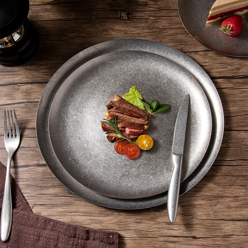 Restaurant Dishwasher Safe Stainless Steel Dinner Plate Vintage Dishes Silver Serving Tray BBQ Plates