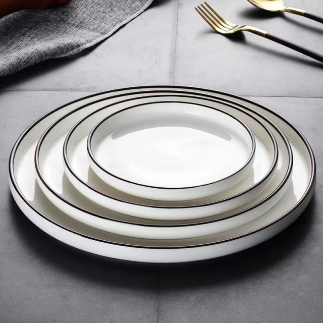 Modern Luxury Bone China Ceramic Plate Sets Cheap Wholesale Porcelain Dinnerware with Black Rim Plant Pattern for Restaurants