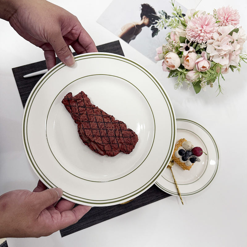 Green Rim Round Restaurant Porcelain Plates Set Modern Design High Quality Dishwasher & Microwave Safe Food Grade Guangdong Made