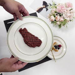 Green Rim Round Restaurant Porcelain Plates Set Modern Design High Quality Dishwasher & Microwave Safe Food Grade Guangdong Made