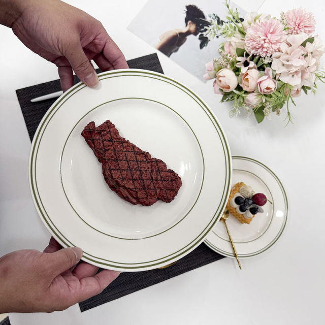 Green Rim Round Restaurant Porcelain Plates Set Modern Design High Quality Dishwasher & Microwave Safe Food Grade Guangdong Made