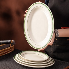 Oval Shape Ceramic Fish Plate, Double-line Rim Thickened Edge Plate, Retro Steak Serving Platter for Restaurant Hotel