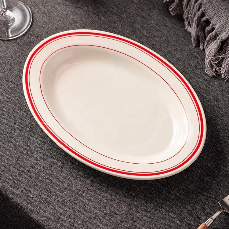 Oval Shape Ceramic Fish Plate, Double-line Rim Thickened Edge Plate, Retro Steak Serving Platter for Restaurant Hotel