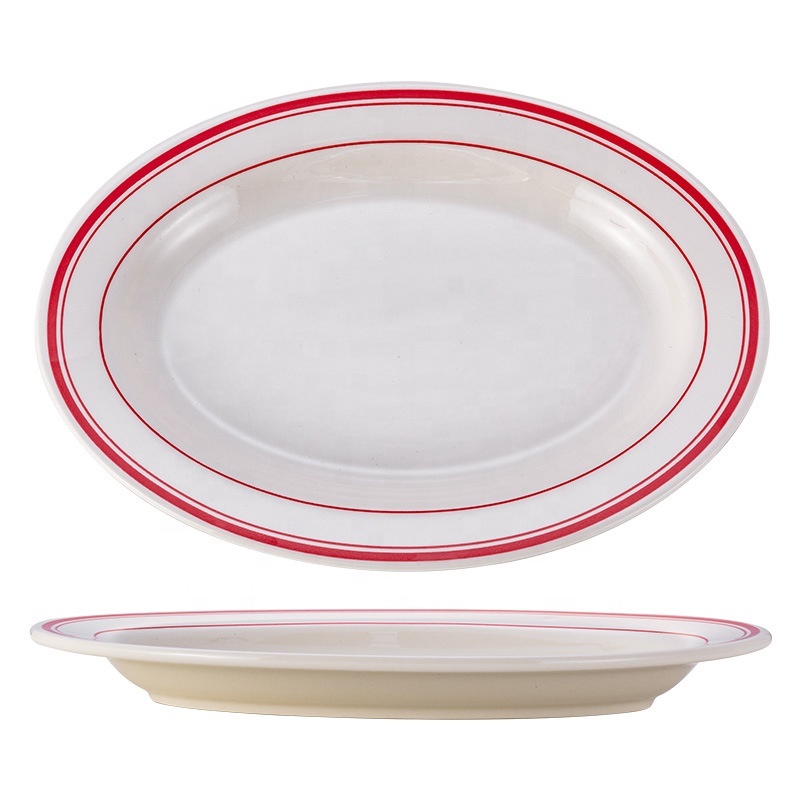 Oval Shape Ceramic Fish Plate, Double-line Rim Thickened Edge Plate, Retro Steak Serving Platter for Restaurant Hotel
