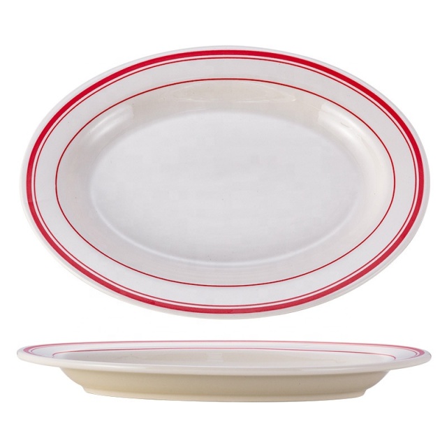 Oval Shape Ceramic Fish Plate, Double-line Rim Thickened Edge Plate, Retro Steak Serving Platter for Restaurant Hotel