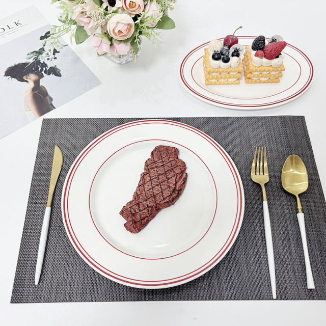Green Rim Round Restaurant Porcelain Plates Set Modern Design High Quality Dishwasher & Microwave Safe Food Grade Guangdong Made