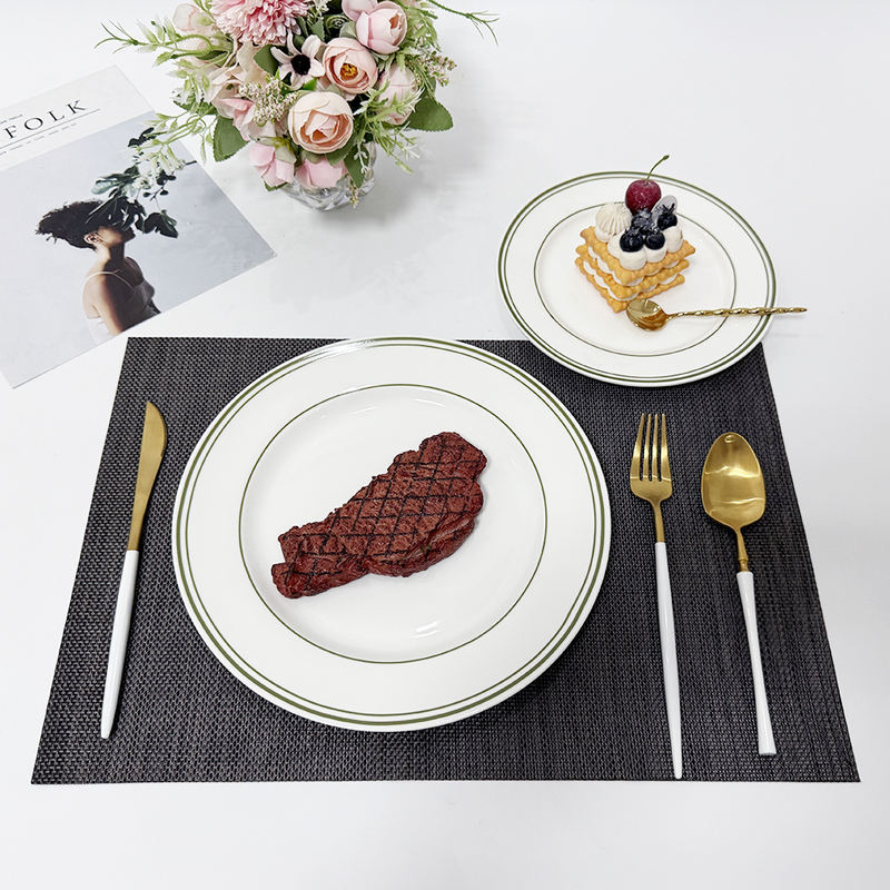 Green Rim Round Restaurant Porcelain Plates Set Modern Design High Quality Dishwasher & Microwave Safe Food Grade Guangdong Made