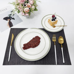 Green Rim Round Restaurant Porcelain Plates Set Modern Design High Quality Dishwasher & Microwave Safe Food Grade Guangdong Made