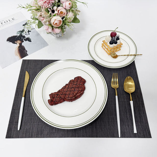 Green Rim Round Restaurant Porcelain Plates Set Modern Design High Quality Dishwasher & Microwave Safe Food Grade Guangdong Made