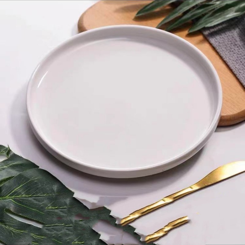 Modern Luxury Bone China Ceramic Plate Sets Cheap Wholesale Porcelain Dinnerware with Black Rim Plant Pattern for Restaurants