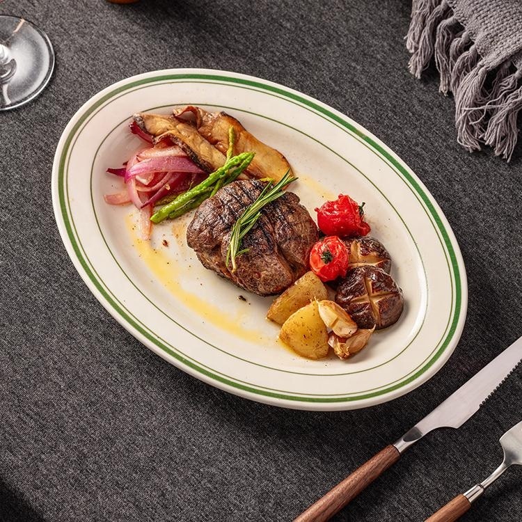 Oval Shape Ceramic Fish Plate, Double-line Rim Thickened Edge Plate, Retro Steak Serving Platter for Restaurant Hotel
