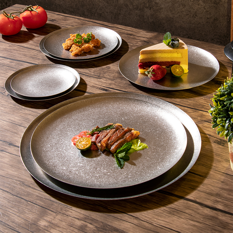 Restaurant Dishwasher Safe Stainless Steel Dinner Plate Vintage Dishes Silver Serving Tray BBQ Plates