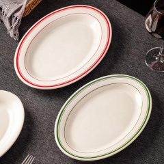 Oval Shape Ceramic Fish Plate, Double-line Rim Thickened Edge Plate, Retro Steak Serving Platter for Restaurant Hotel