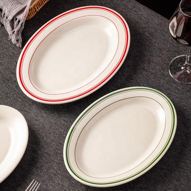 Oval Shape Ceramic Fish Plate, Double-line Rim Thickened Edge Plate, Retro Steak Serving Platter for Restaurant Hotel