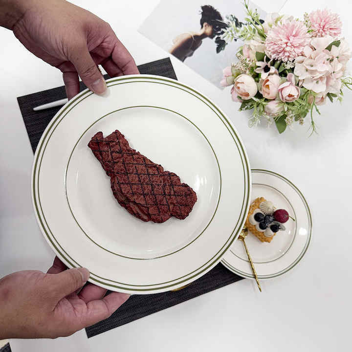 Green Rim Round Restaurant Porcelain Plates Set Modern Design High Quality Dishwasher & Microwave Safe Food Grade Guangdong Made