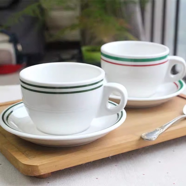 Ceramic Double-Walled Coffee Cup Saucer Set Hong Kong-Style Solid Color Modern Simple Design Sturdy Afternoon Tea Restaurant Use