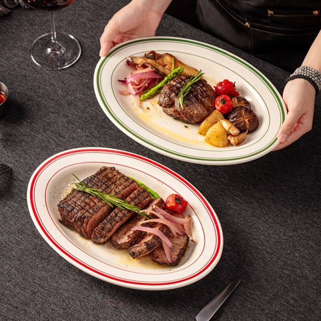 Oval Shape Ceramic Fish Plate, Double-line Rim Thickened Edge Plate, Retro Steak Serving Platter for Restaurant Hotel