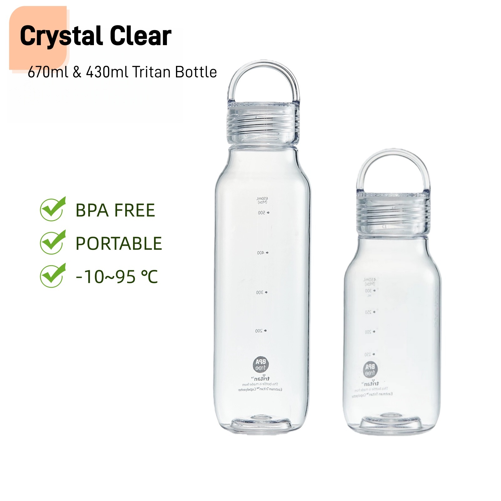 Portable 430ml 670ml Crystal Clear Tritan Water Bottle,Heat Resistant OEM Print Water Bottle with Scale for Work and School