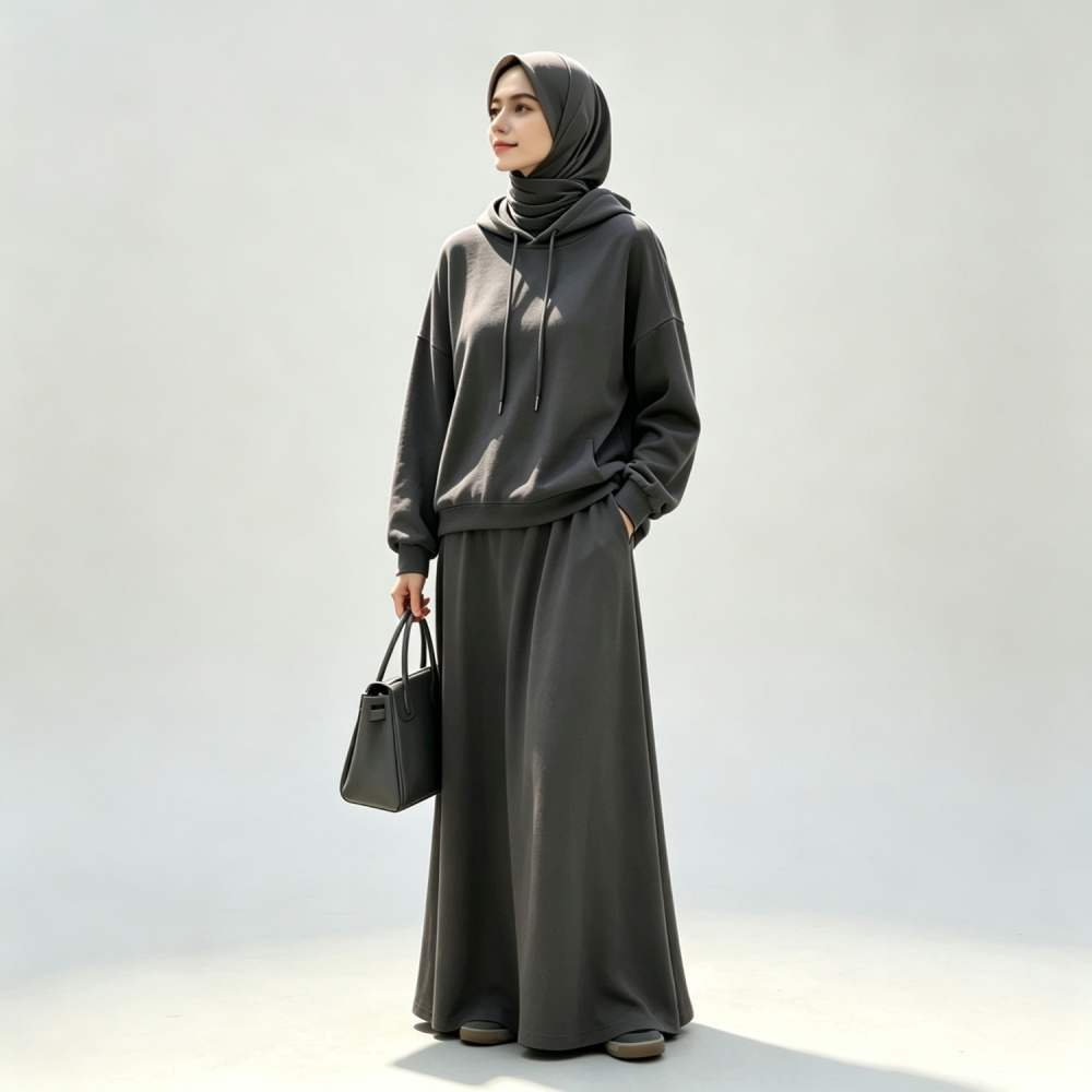 Windproof Modest Hooded Outerwear & Maxi Skirt Co-ord Set