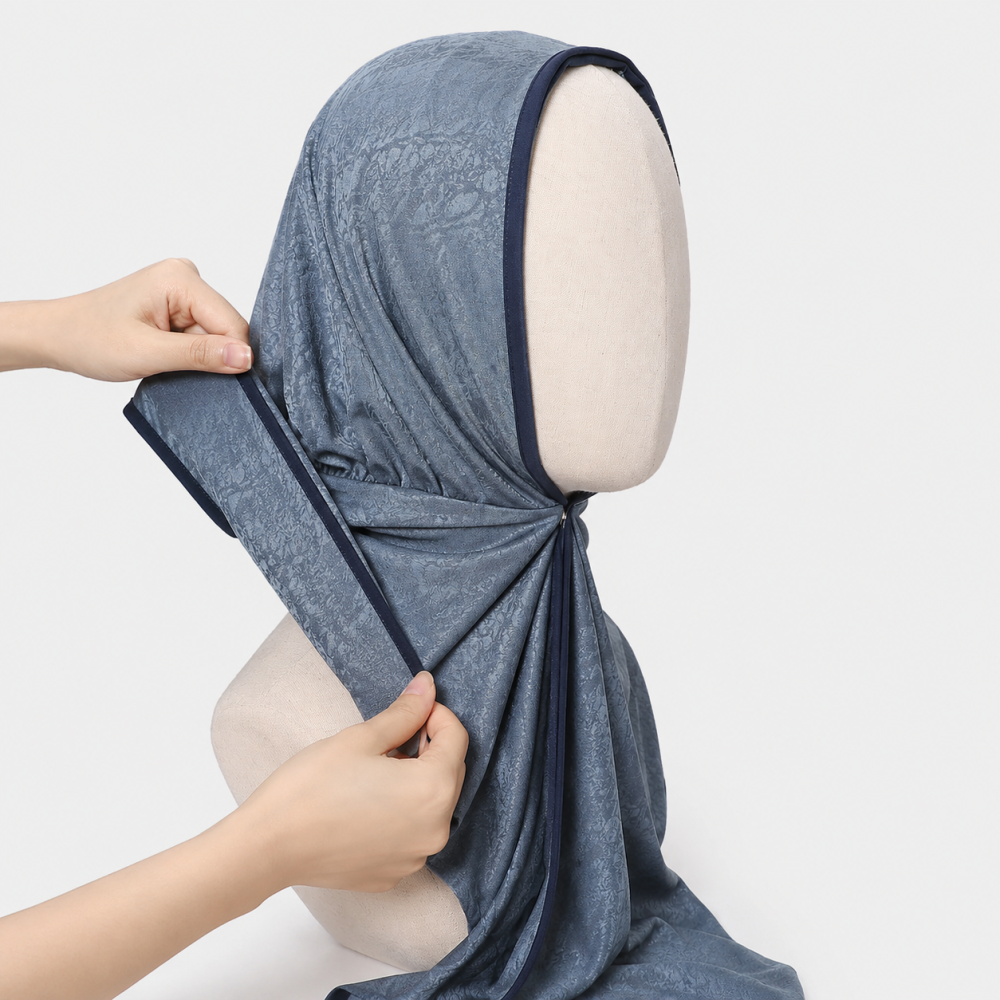 Dusty Blue Jacquard Contrast Trim Instant Hijab