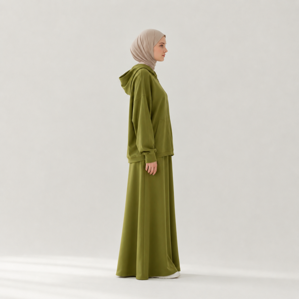 Modest Oversized Hoodie Skirt Set, Drawstring Hem Flare | Laythah