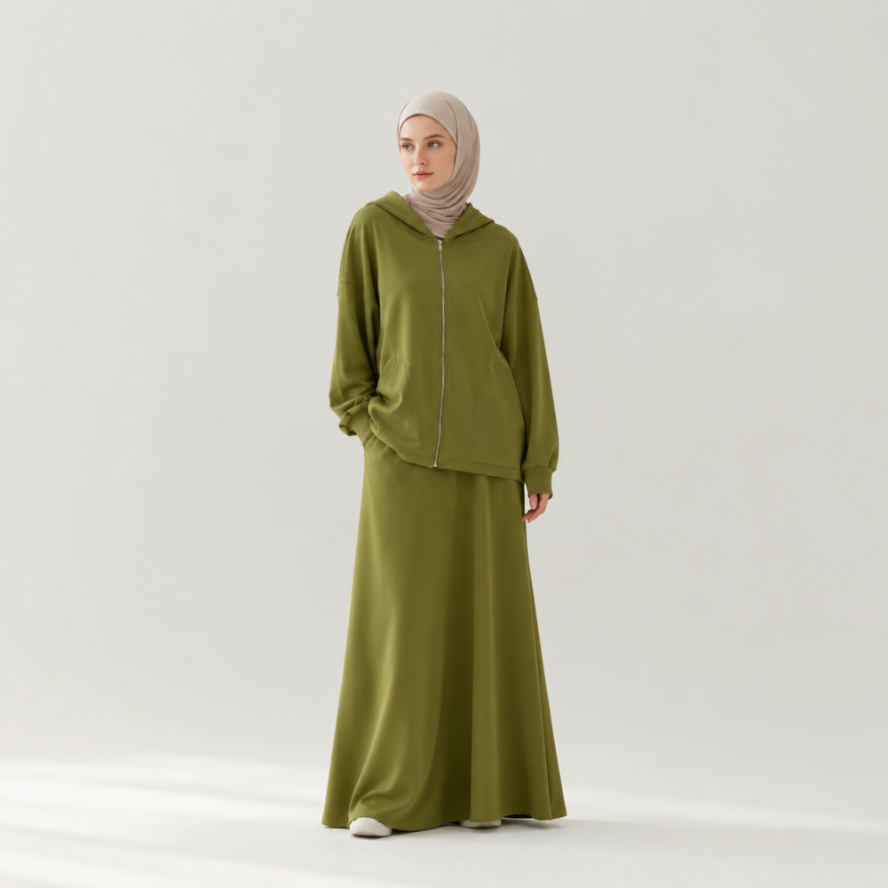 Modest Oversized Hoodie Skirt Set, Drawstring Hem Flare | Laythah