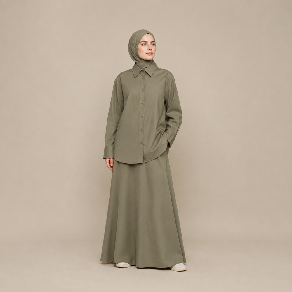 Modest Collared Shirt Skirt Set, Elastic Waist Trench Fabric | Laythah