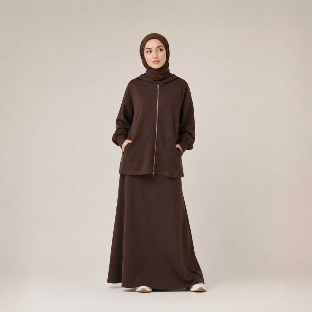Modest Oversized Hoodie Skirt Set, Drawstring Hem Flare | Laythah
