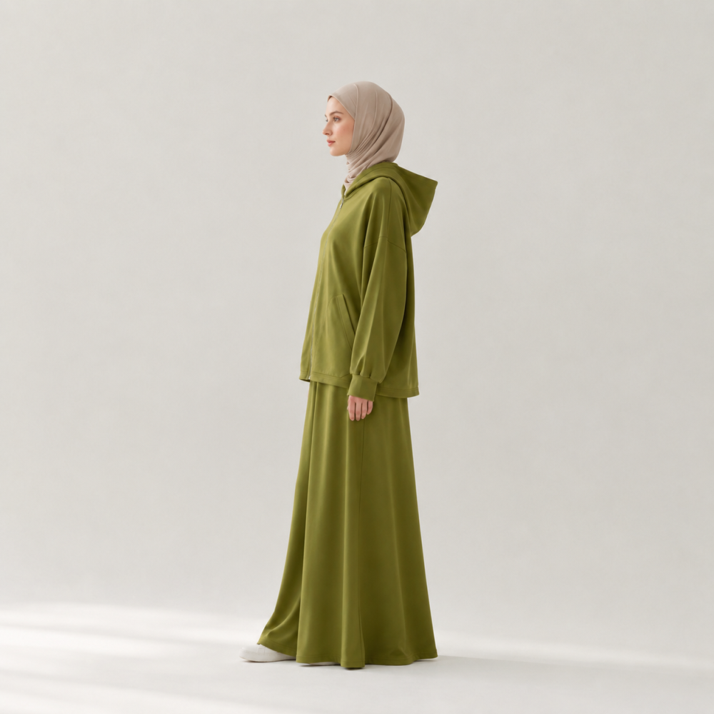 Modest Oversized Hoodie Skirt Set, Drawstring Hem Flare | Laythah