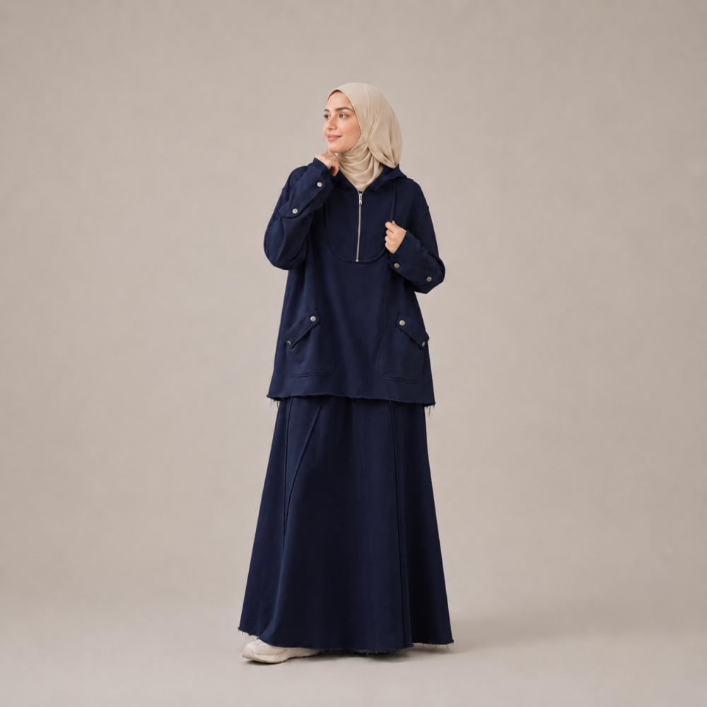 Modest Half Zip Sweatshirt Skirt Set, Side Slit | Laythah