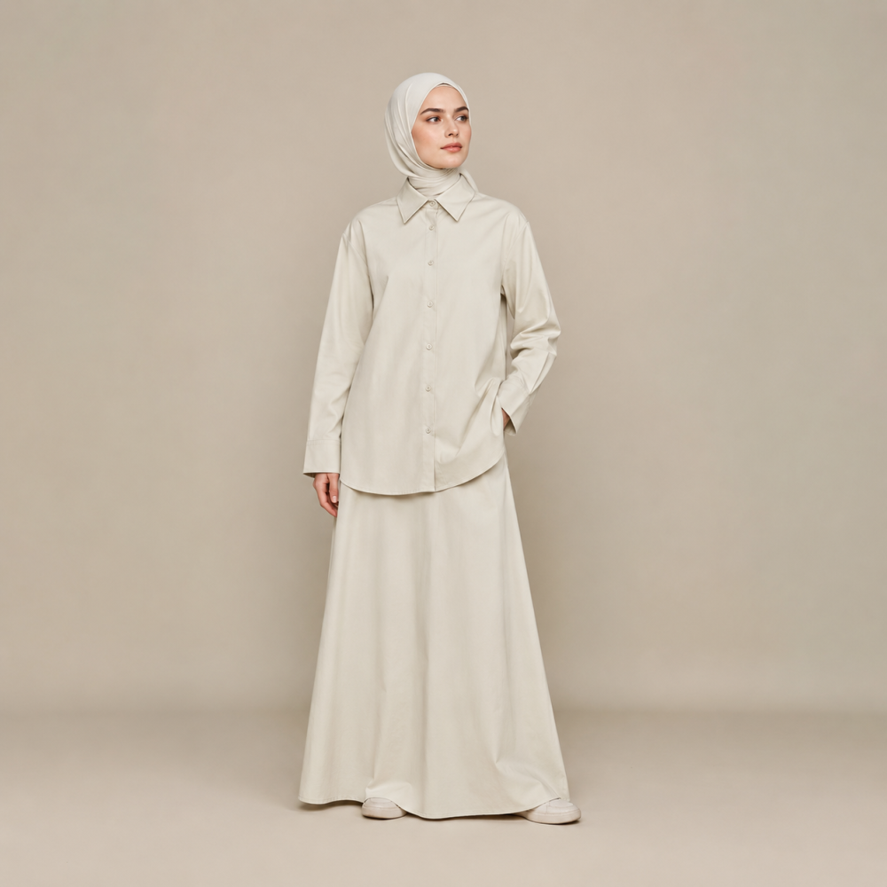 Modest Collared Shirt Skirt Set, Elastic Waist Trench Fabric | Laythah