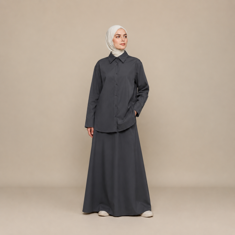 Modest Collared Shirt Skirt Set, Elastic Waist Trench Fabric | Laythah