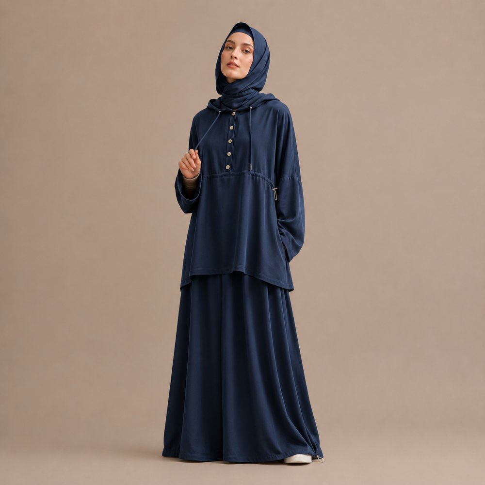 Cupro Single-Breasted Waist-Cinching Hooded Two-Piece Dress Set