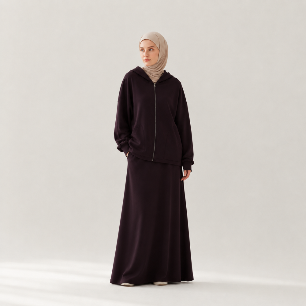 Modest Oversized Hoodie Skirt Set, Drawstring Hem Flare | Laythah