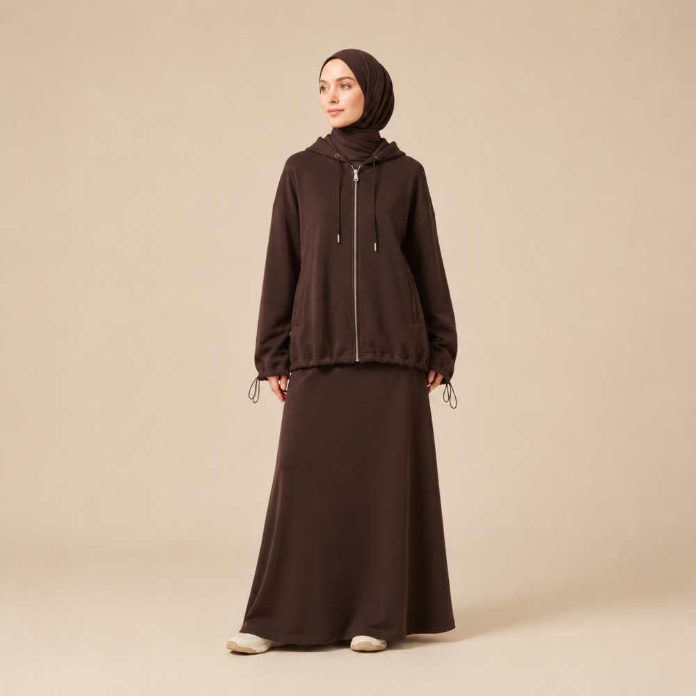 Modest Zip Up Hoodie Skirt Set, Drawstring Hem | Laythah