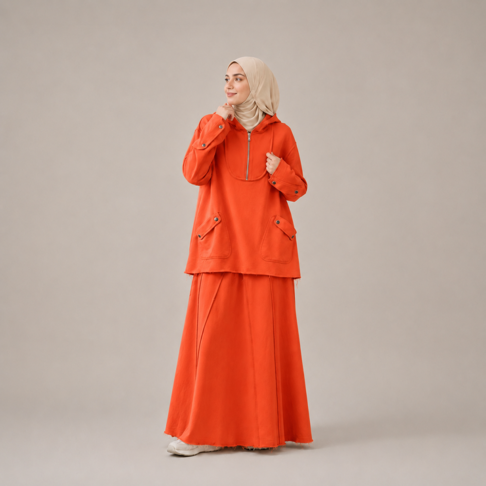 Modest Half Zip Sweatshirt Skirt Set, Side Slit | Laythah