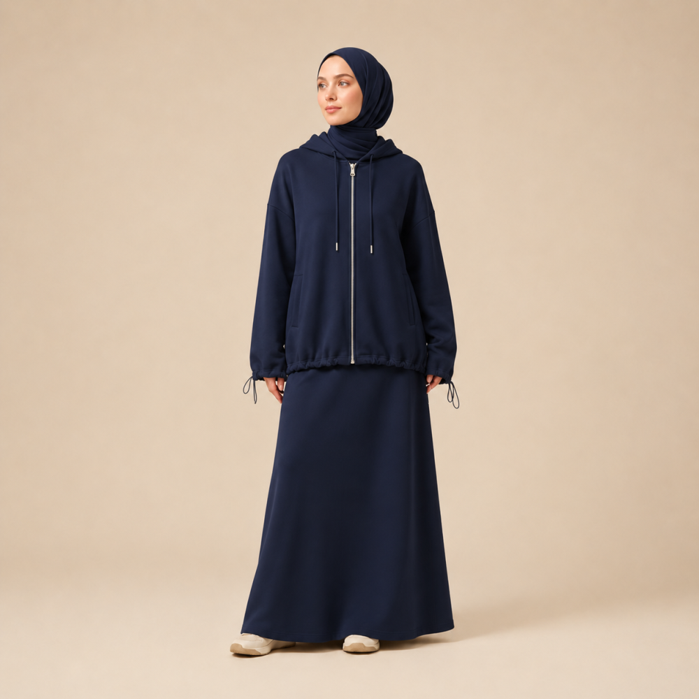 Modest Zip Up Hoodie Skirt Set, Drawstring Hem | Laythah